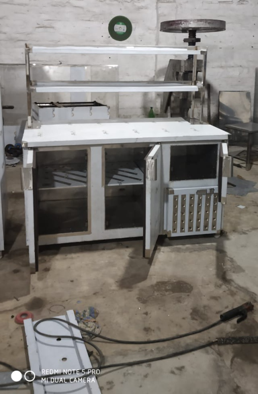 SS Work Table with Storage Cabinet & Overhead Shelf